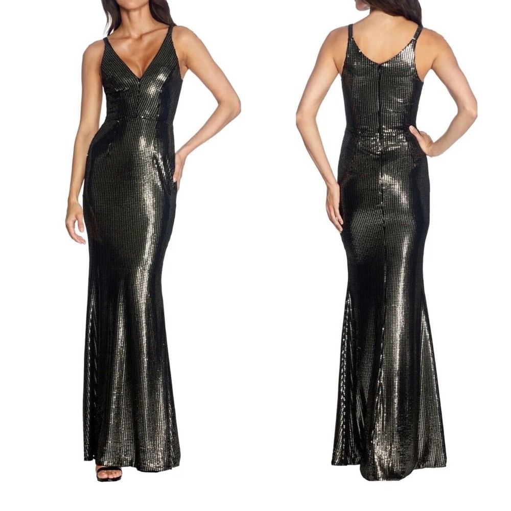 New XL Dress Population Harper Sequin Formal Gown Black/Gold $328 v neck mermaid